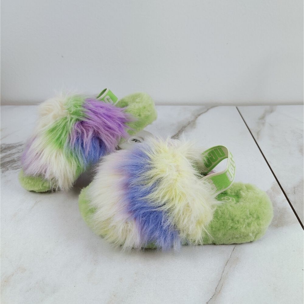UGG Fluff Yeah Green Tie Dye Faux Fur Sheepskin Slingback Slides Slippers, Sz 6 - Picture 4 of 16